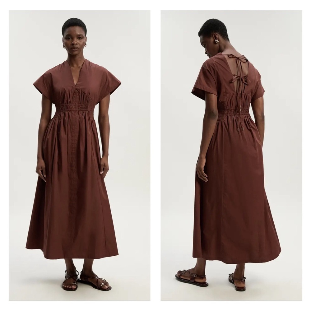 Karen Millen Shirred Cotton Woven Plunge Neck Short Sleeve Maxi Dress Effortless